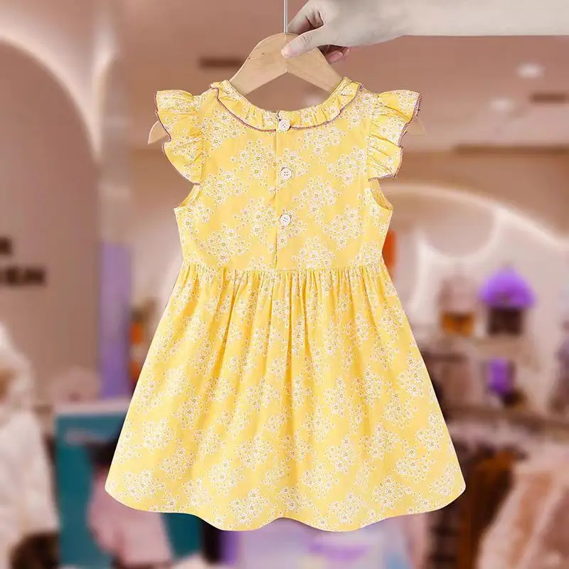 Little Girl A-line Dress with Cotton Fragmented Flower Flying Sleeves Girl Tank Top Dress 1-7T Children\'s Summer Clothing