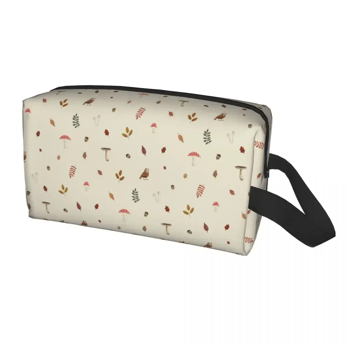 Kawaii Beige Woodland Birds Mushroom Leaves Travel Toiletry Bag Women Cosmetic Makeup  Beauty Storage Dopp Kit