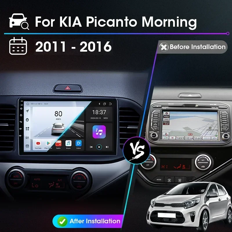 Car Radio Android Auto Carplay for KIA PICANTO Morning 2 2011 2012 2013 2014 2015 2016 Multimedia Intelligent Systems Navigation