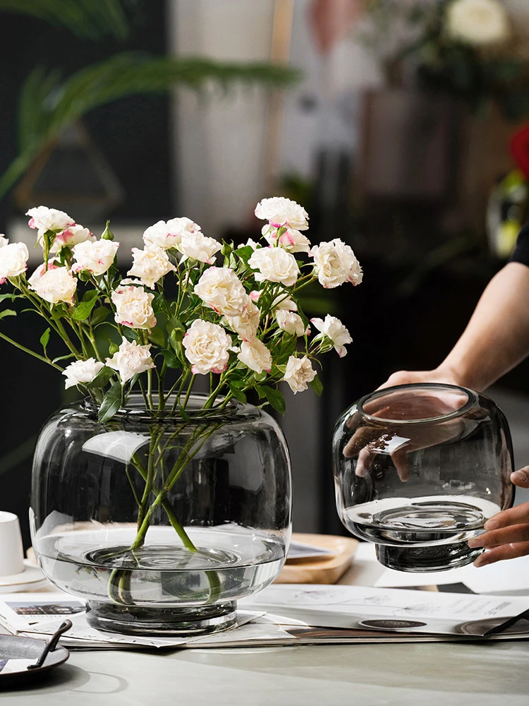 Round Large Mouth Vase, Transparent Water Flower Arrangement, Living Room Dining Table Glass, Thickened Ornament, Simple Modern