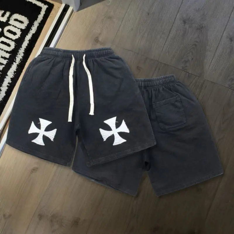 Graffiti Cross Print West Coast Choppers Black Drawstring Shorts Summer Street Men Women Loose Drawstring Five Quarter Pants