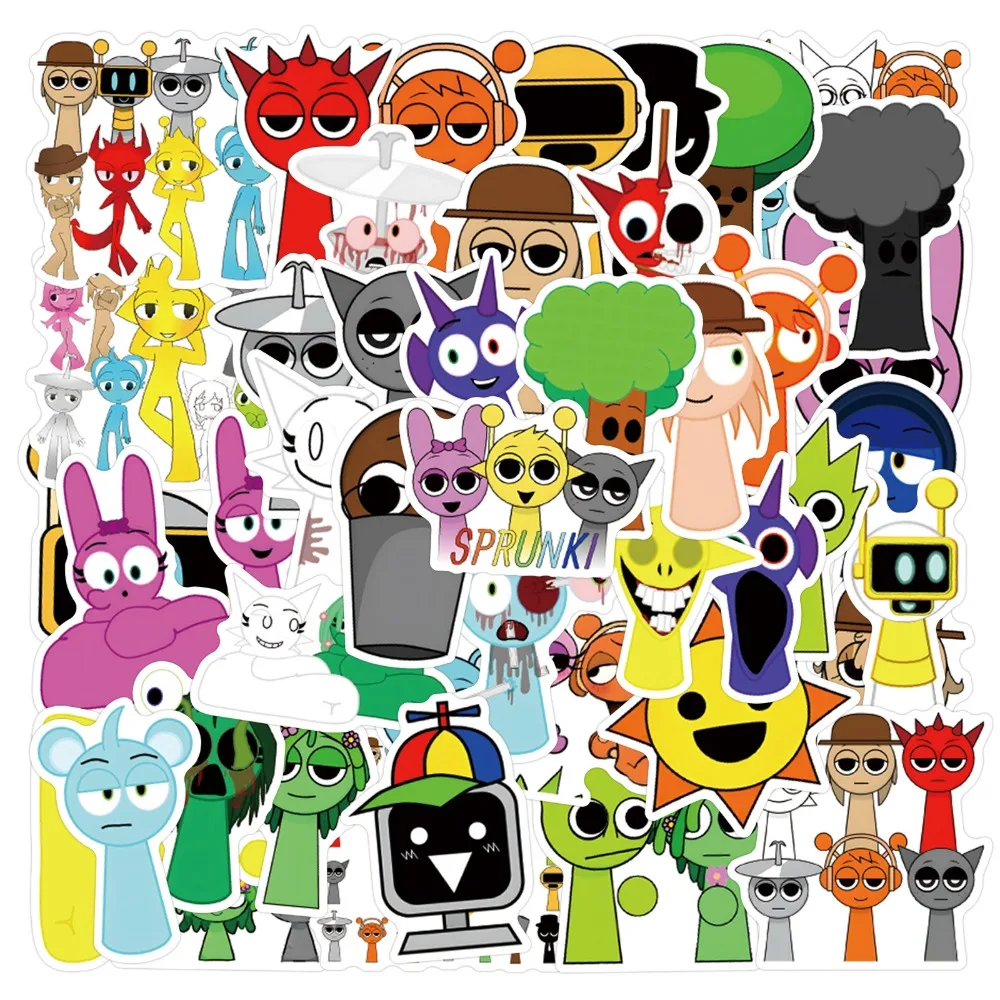 55PCS Cartoon Sprunki Stickers Kawaii Anime Stickers for Laptop Suitcase Skateboard Guitar Phone Cartoon Sticker Kid Gift Toys