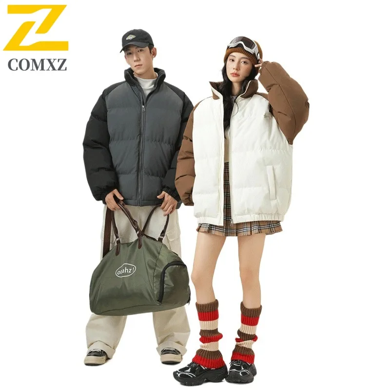 COMXZ New Men Cotton Coat Stand Collar Trendy Hooded Color Block Thickened Warm Jacket Waterproof Loose Lightweight Outerwear