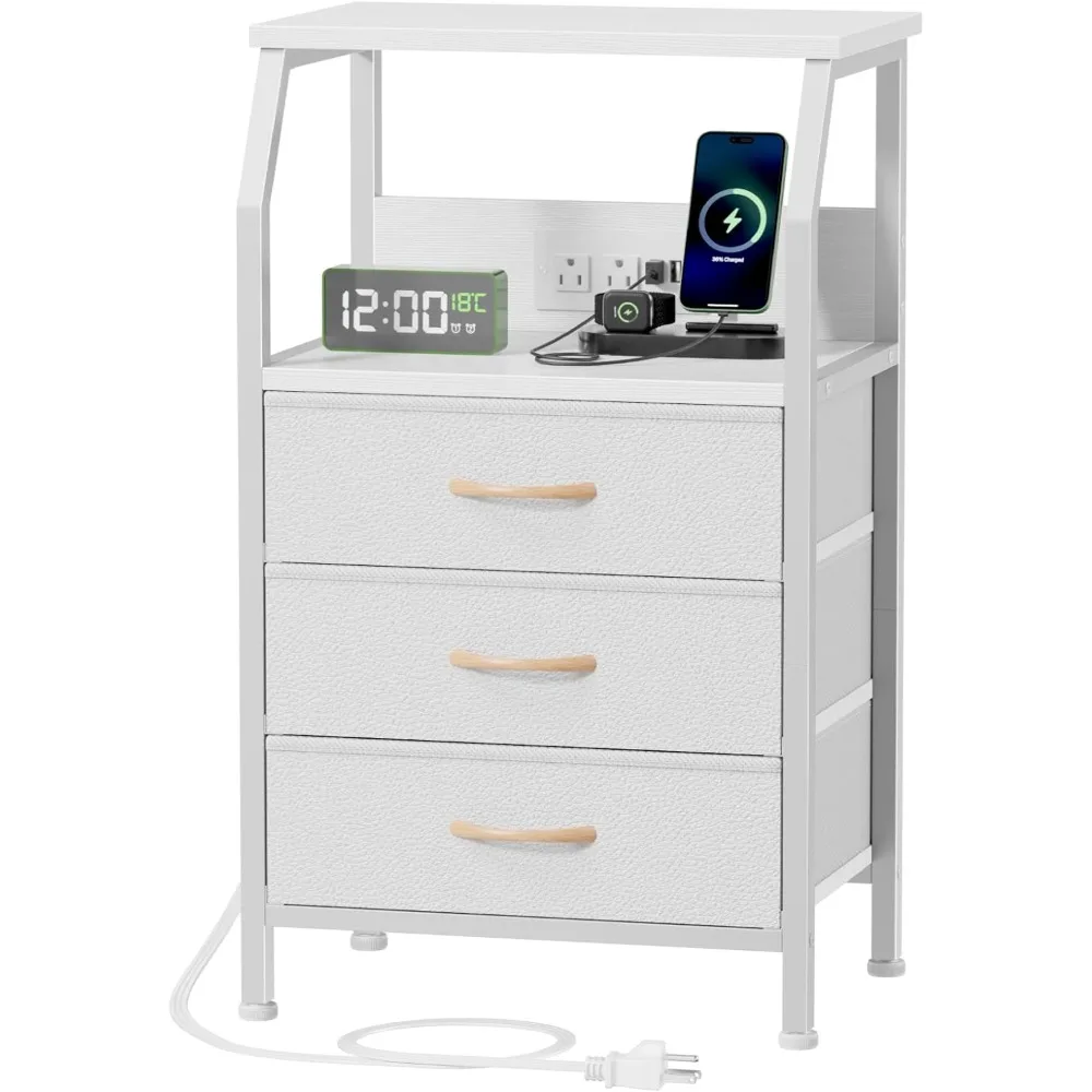 

Night Stand with Charging Station, 28.3 Inch Tall Bedside Table with PVC Drawers, End Table with USB Ports and Outlets, 3 Fabri