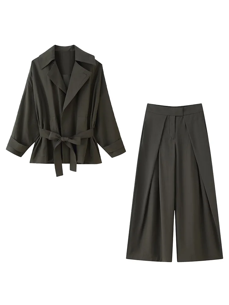 

HH Women's Solid Fashion Pants Suit Lapel Long Sleeve Belt Pocket Single-breasted Jacket+Pleated Zipper Autumn Wide-leg Pants