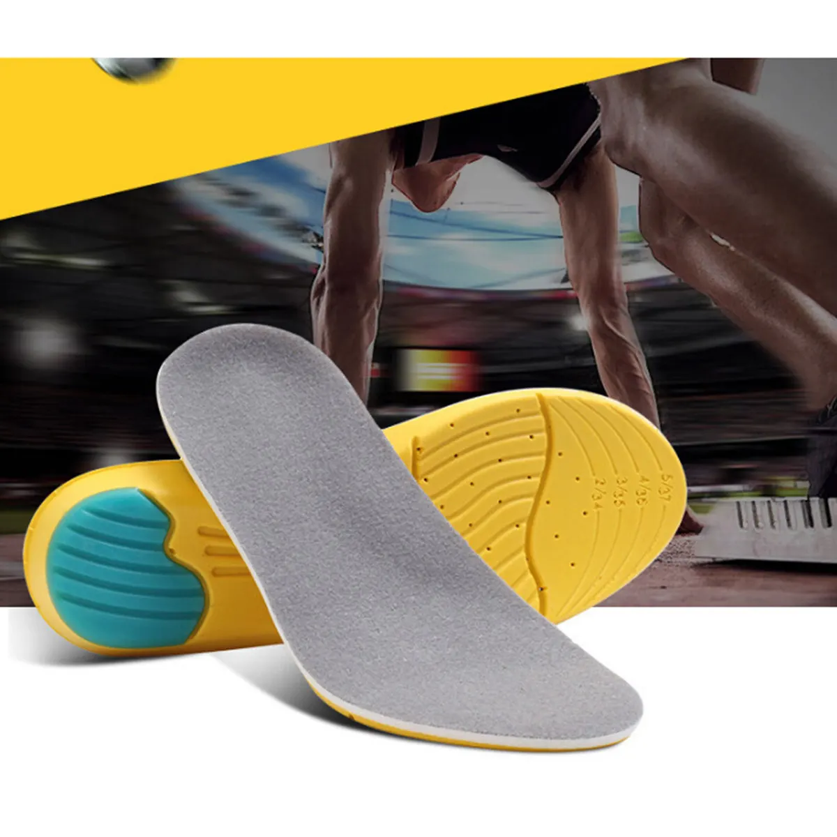 1Pair Absorption Insoles Premium Eva Breathable Shock Absorbing Arch Support Foot Cushioning Massage Relief Insole Size 35-40