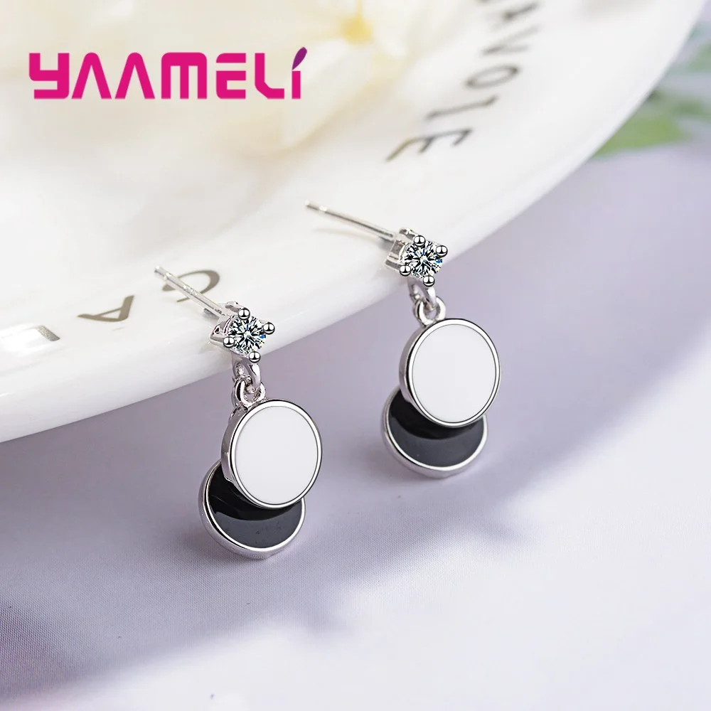 

Simple 925 Sterling Silver White Black Round Disk CZ Crystal Drop Earrings for Women Girls Wedding Party Fashion Jewelry Gifts
