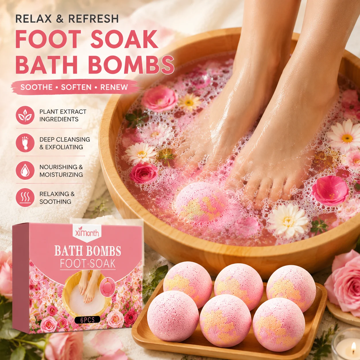 Rose Foot Soak Tablets Deep Cleansing Exfoliating Foot Spa Treatment with Plant Extract Moisturizing Soft Feet Care Therapy