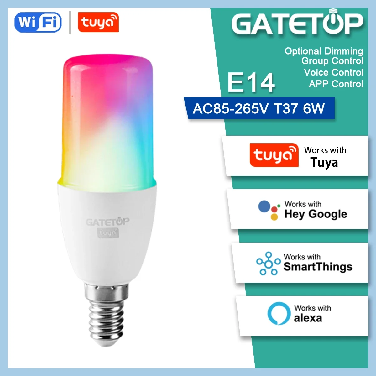 

Bombilla inteligente Tuya Wifi/Bluetooth,Led Alexa RGB，T37 E14 Bulb ,para Google Assisatnt Smart Life Light Dimmable 6W 85V-265V