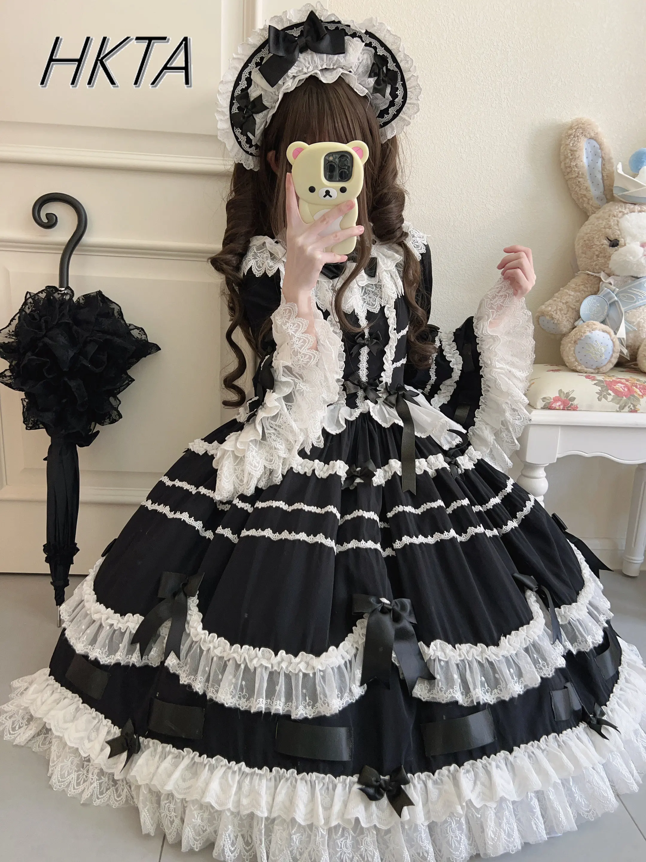 Elegancka Koronkowa Suknia Balowa z Długim Rękawem i Plisami, Sukienka Księżniczki, Damska Letnia Słodka Urocza Wyszczuplająca Sukienka Tortowa z Długim Dołem, Lolita Dziewczyna