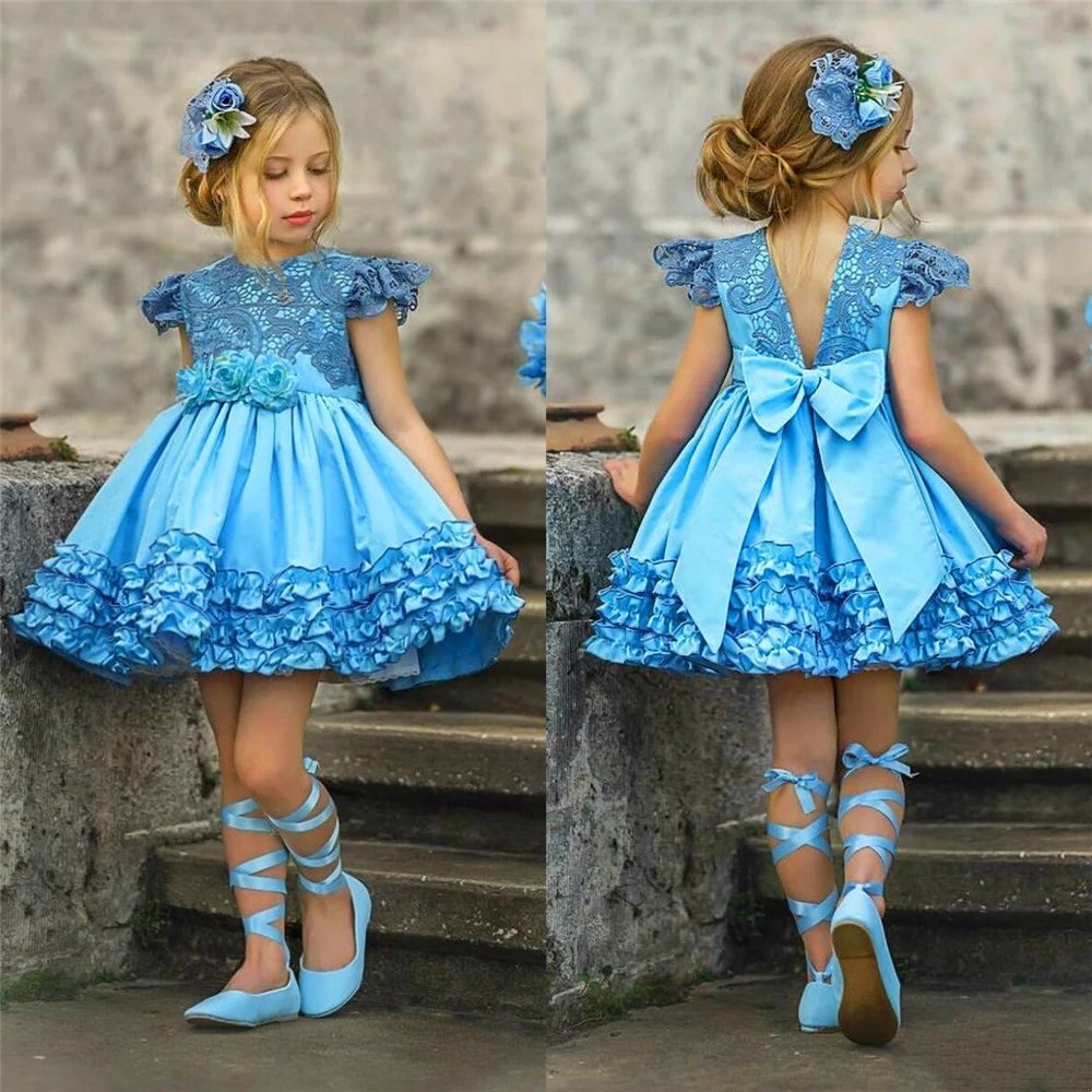 Flower Girl Princess Ball Dress, Vestidos de Primeira Comunhão, Elegante Azul Fluffy Tulle Printing, Presente de Aniversário Surpresa