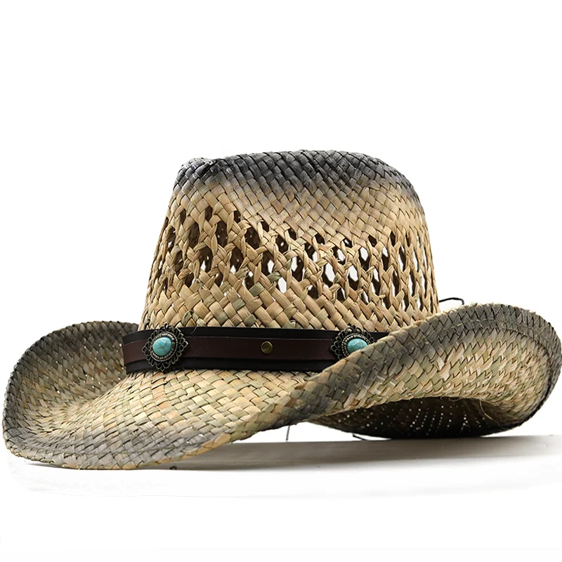 2022 New Men Beach Hat Cowboy Women 100% natural Straw Panama Hat Belt Cow Decorate Wide Brimmed Hats For Summer Khaki Male Hat