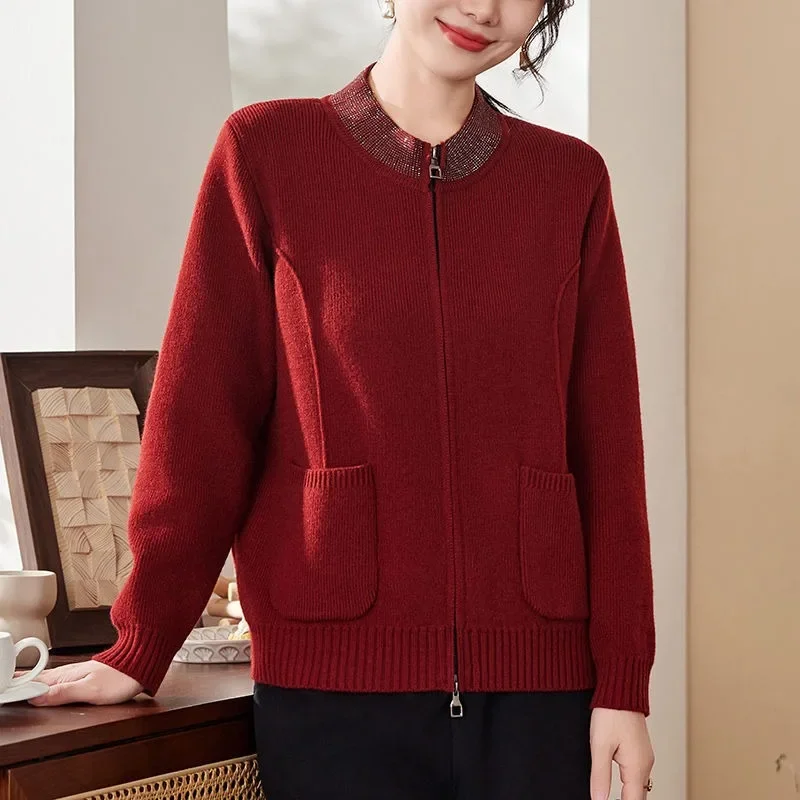 

New Autumn Winter Casual Knitted Cardigan Women Short Zipper Sweater Female Middle-aged and Old Coat Women Knitwear Jacket Tops