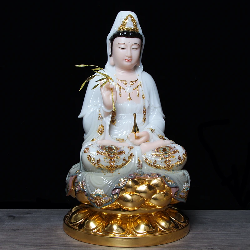 30cm LARGE Buddhist high-grade home TOP efficacious Talisman Mascot Avalokitesvara Guanyin Buddha color gilding Sculpture statue