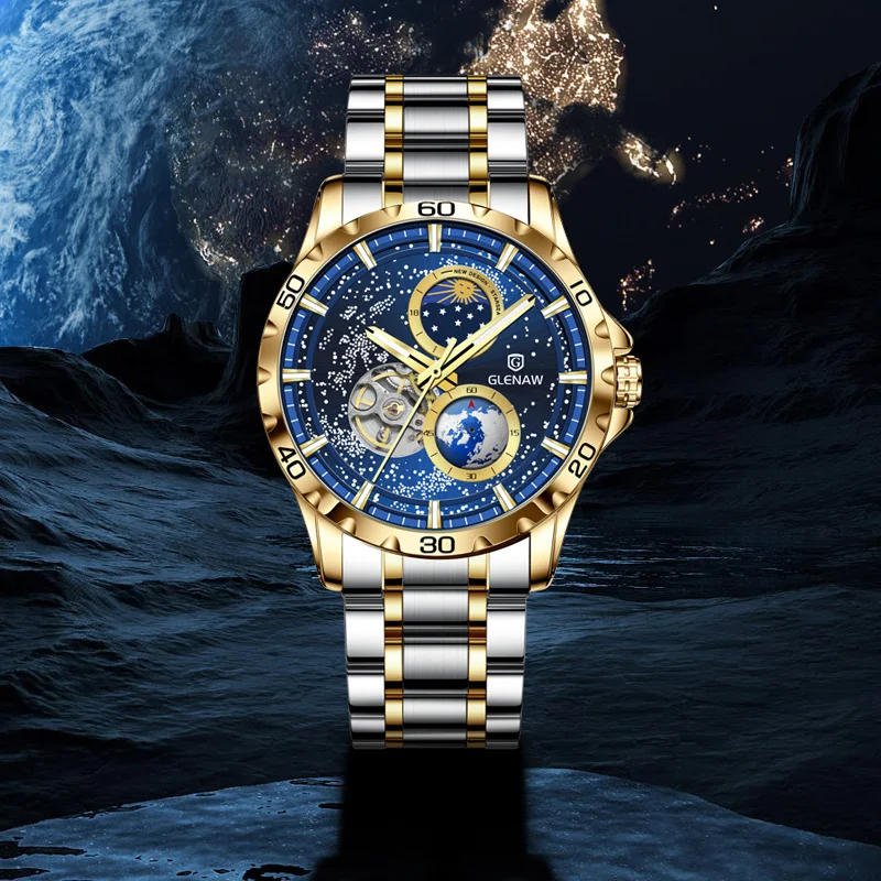 2023 GLENAW Men\'s Leisure Timing Mechanical Wristwatch Moonlight Phase Waterproof Watch Tuo Flywheel Glow Stainless Steel Clock