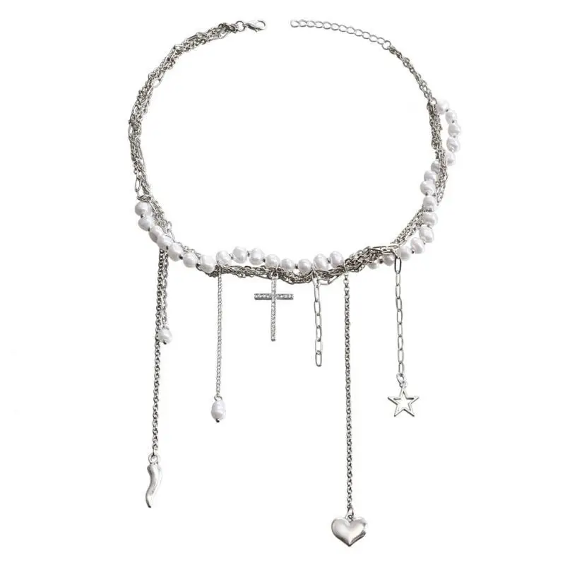 31BB Sophisticated Layered Beaded Necklace Goth Pendant Chain for Women Girls