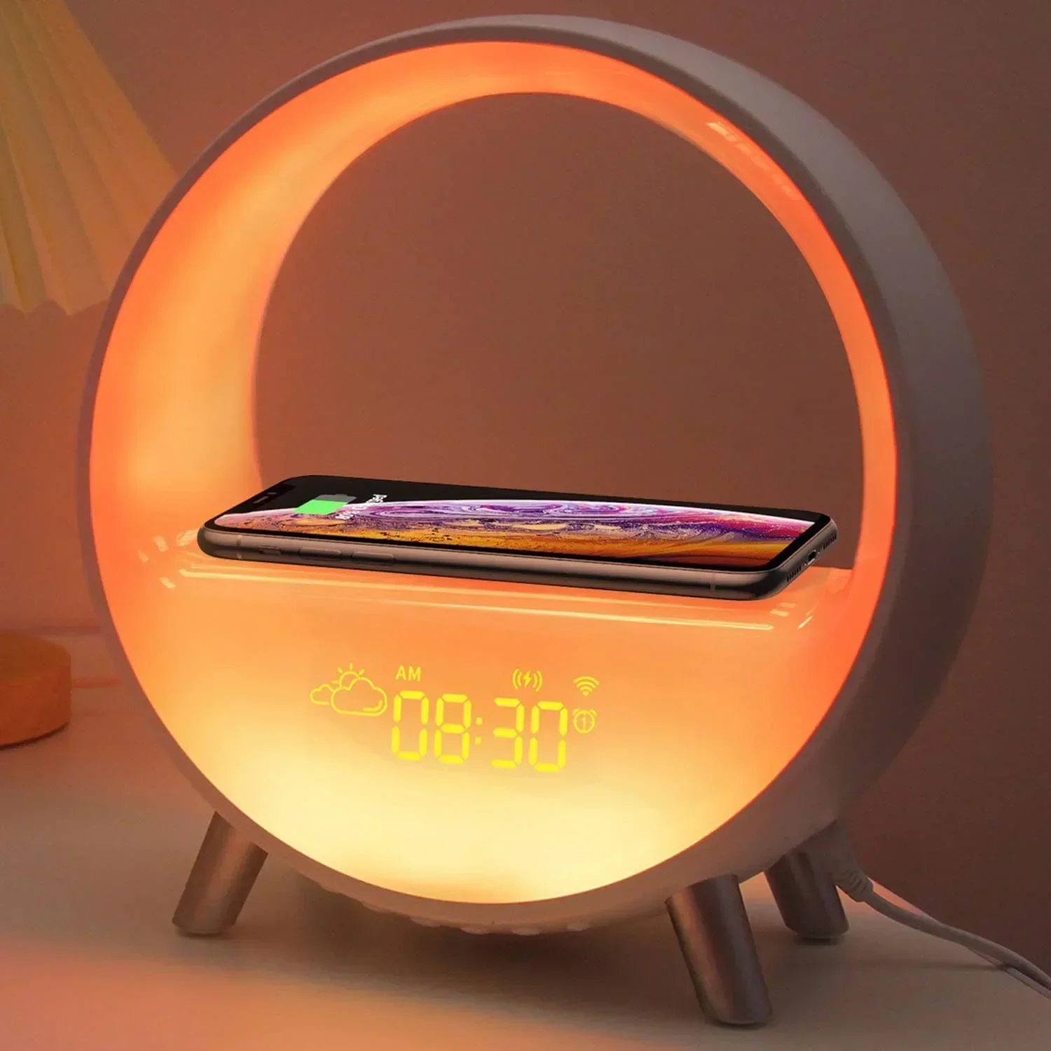 LDNIO F012 Google Smart App Control Table Lamp 1600 Light Variation Wireless Charger With Alarm Clock Bt Speaker Wake Up Light