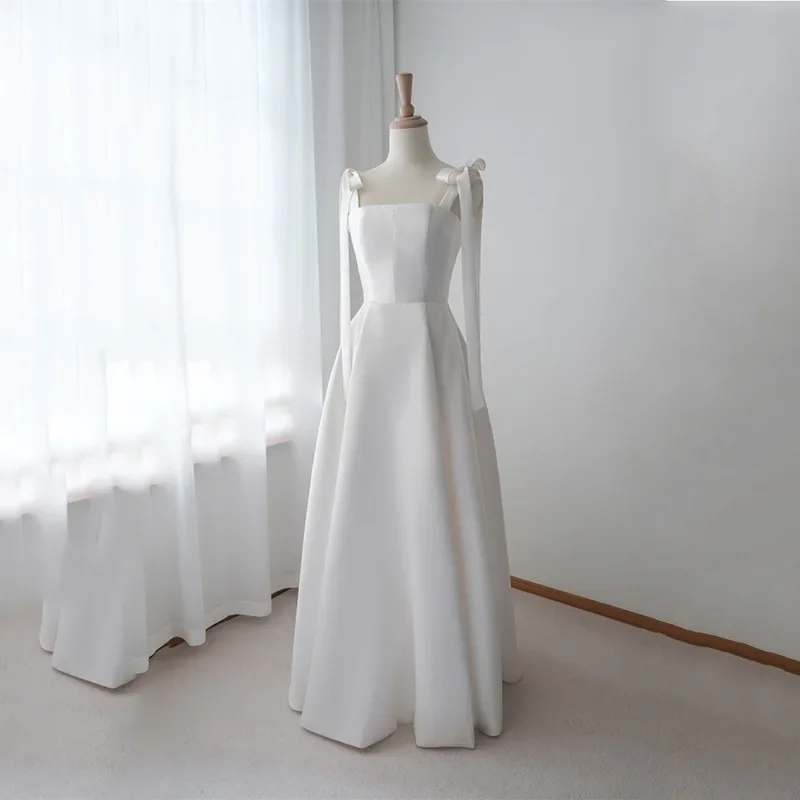 Vestido de novia ajustado con tirantes de satén, verano, 2024, 355