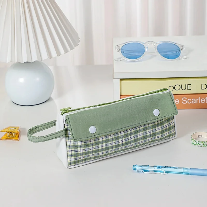 Japanse stijl verse geruite combinatie briefpapier etui student artistieke handheld dubbele mond pennenzak make-up opbergtas