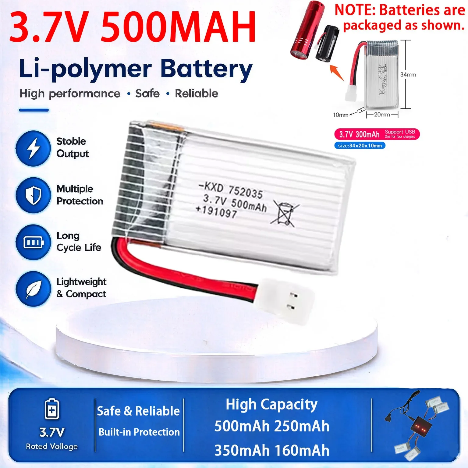 Rechargeable Liion Battery 3.7V 500MAH 300MAH 250MAH 160MAH RC Airplane Model For Remote Control SU57 Mige530 FX620 FX820 F22