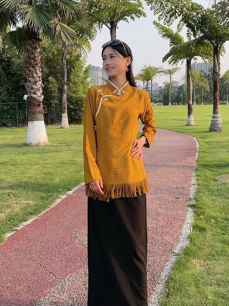 

Tibetan Style Shirt Female Summer New Fringe Phnom Penh National Wind Shirt Tibetan National Dress Guozhuang Dance Skirt Top