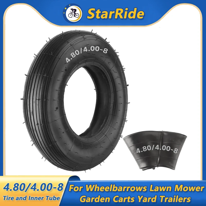 

4.80/4.00-8 Inner Tube and Outer Tire TR-13 Straight Valve Stem for Wheelbarrows Lawn Mower Garden Carts Yard Trailers 15.5-inch