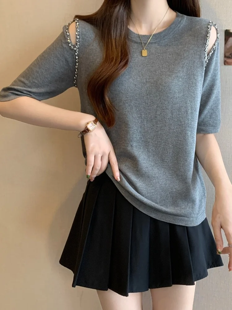 

plus Size Women's Fashionable Summer Ice Silk Knitted Top Loose Short Sleeve Cover Belly Hole Design Korean Style T-Shirt