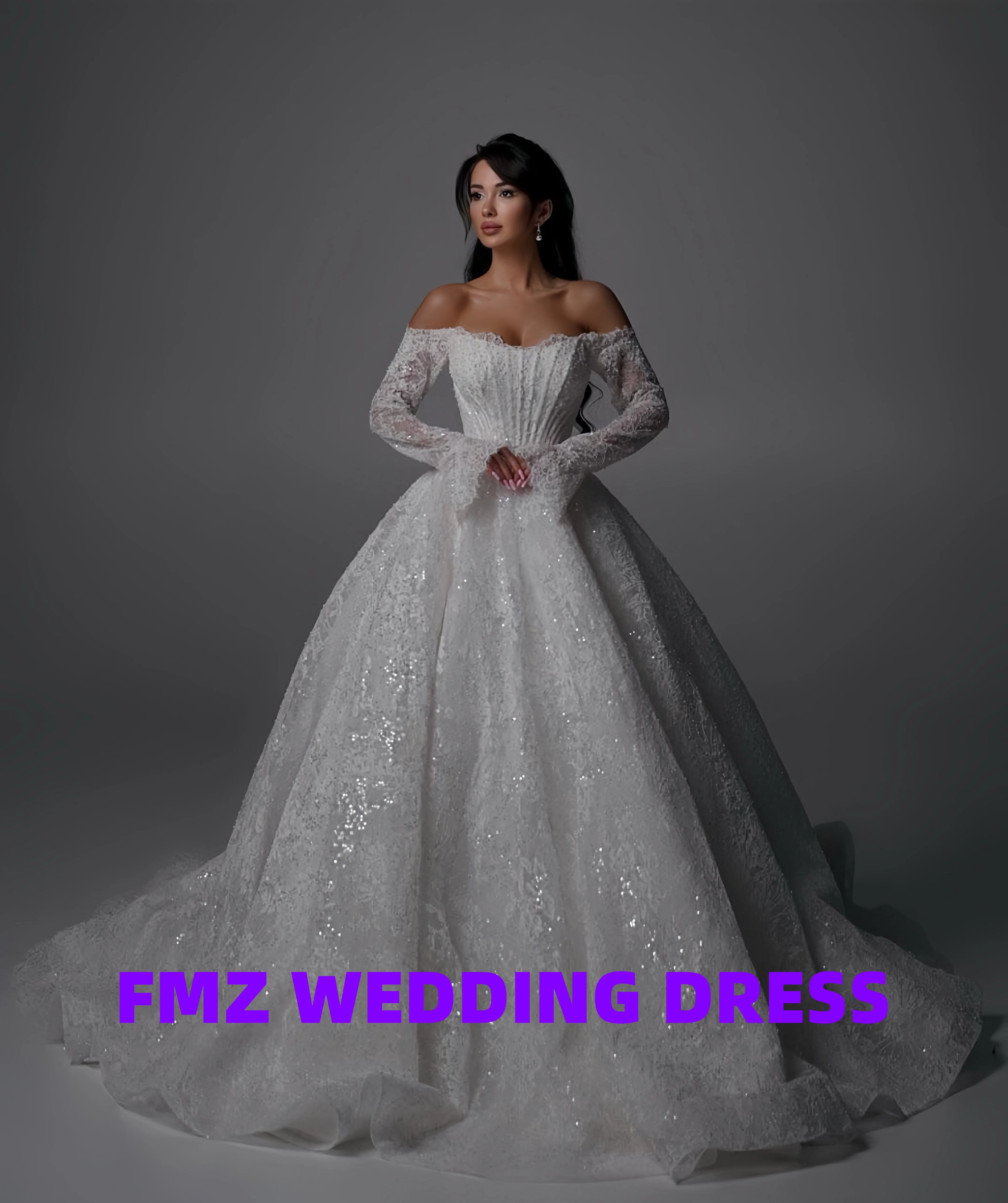 Aangepaste prachtige trouwjurk strapless lange mouwen baljurk robe de mariee trouwjurk vestidos de novia