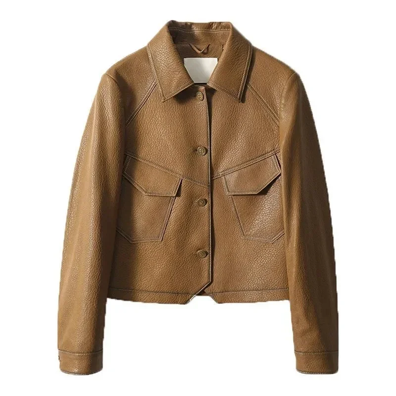 Manteau de vélo en cuir PU pour femme, veste femme courte et fine, tenue boutonnée, marron, noir, haut de gamme, mode printemps et automne, A617