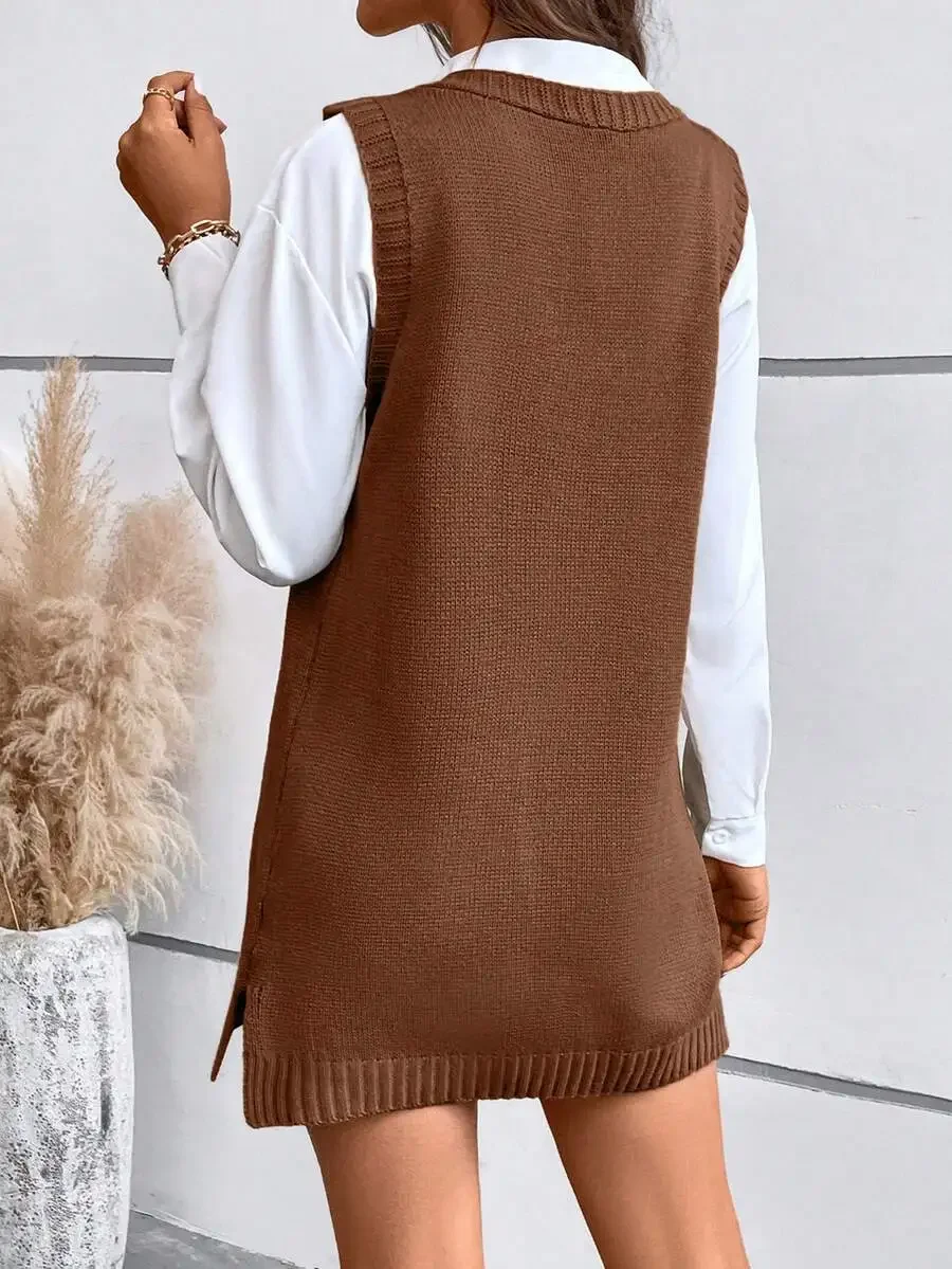 

Women's Black V-Neck Sleeveless Knit Sweater Dress with Side Slit