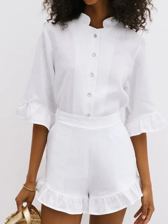 

Faionable irt Svel Top with Bell Sves Stand Collar Commute Set Women's ort Pants Workwear Sle Five Sve Le...