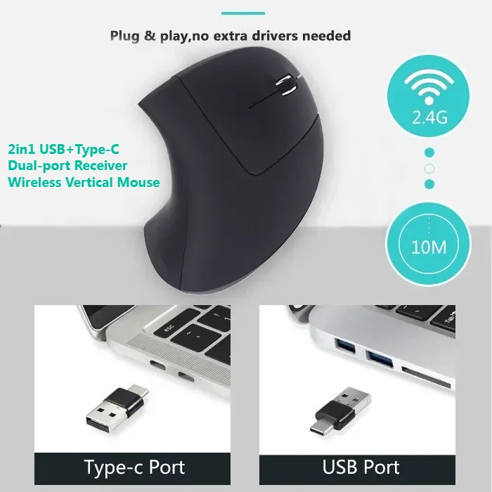 2025 New 2in1 USB+Type-C Dual-port Receiver Wireless Vertical Mouse Optical Ergonomic Silent Mouse For MacBook Laptop Tablet