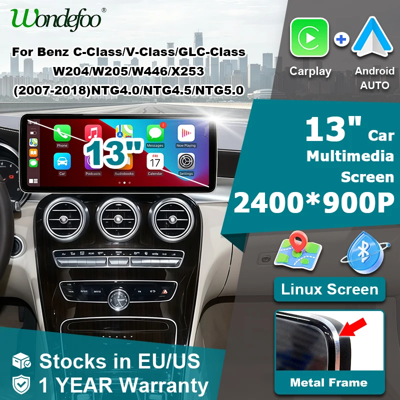 Wondefoo 2400*900P Écran Linux Android Auto 13 pouces Autoradio Carplay sans fil Accessoire stéréo pour Mercedes Benz GLC/V/X Classe C W204 S204 W205 X253 W446 2007-2018 NTG 4.0 4.5 5.0 Autoradio Airplay Autolink Bluetooth Lecteur multimédia Navigation GPS