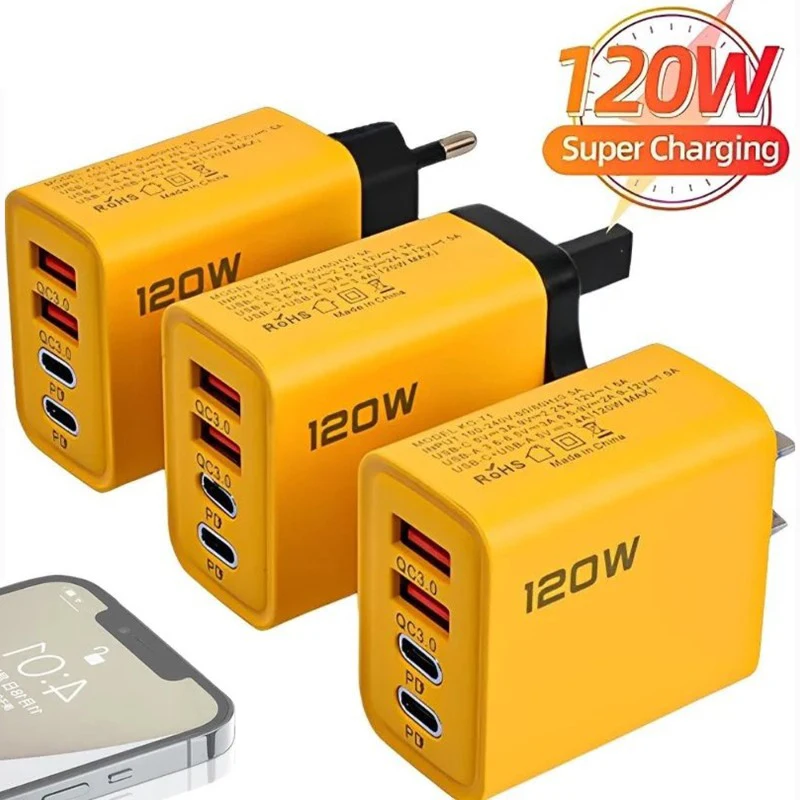 120W Fast Charger Type-C PD 4 Ports Fast Charging Charger EU/US Plug Quick Charge 3.0 Travel Charger