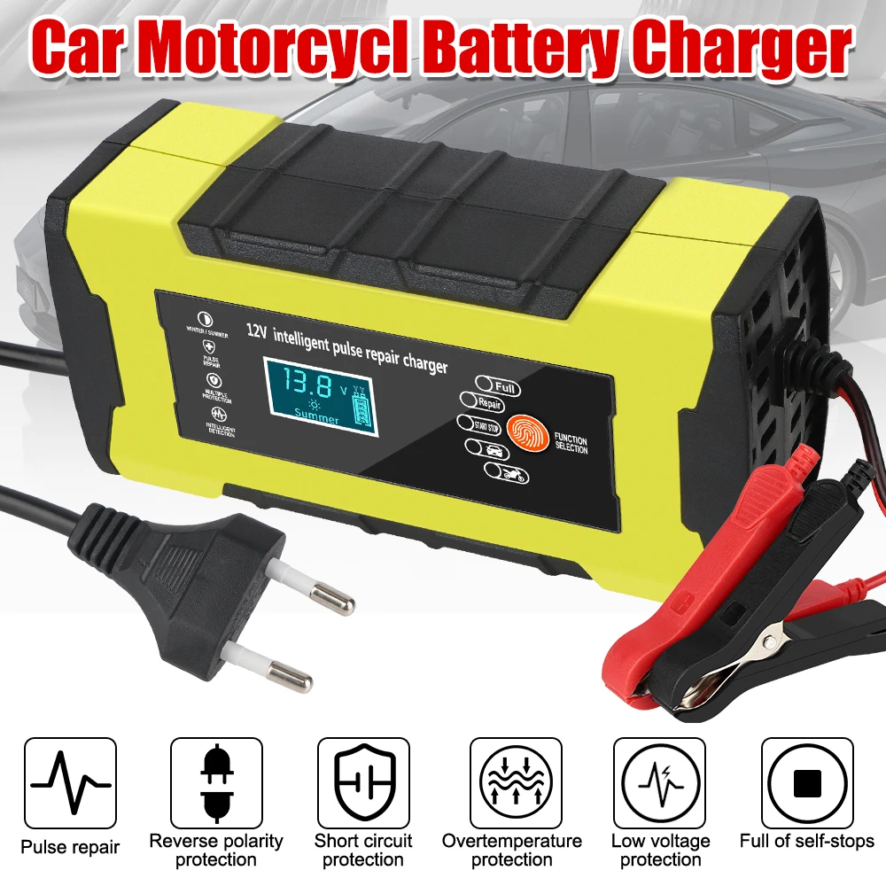 Auto Pulse Repair 12V 10A Intelligent Fast Power Charging Car Motorcycle Battery Charger Digital LCD Display