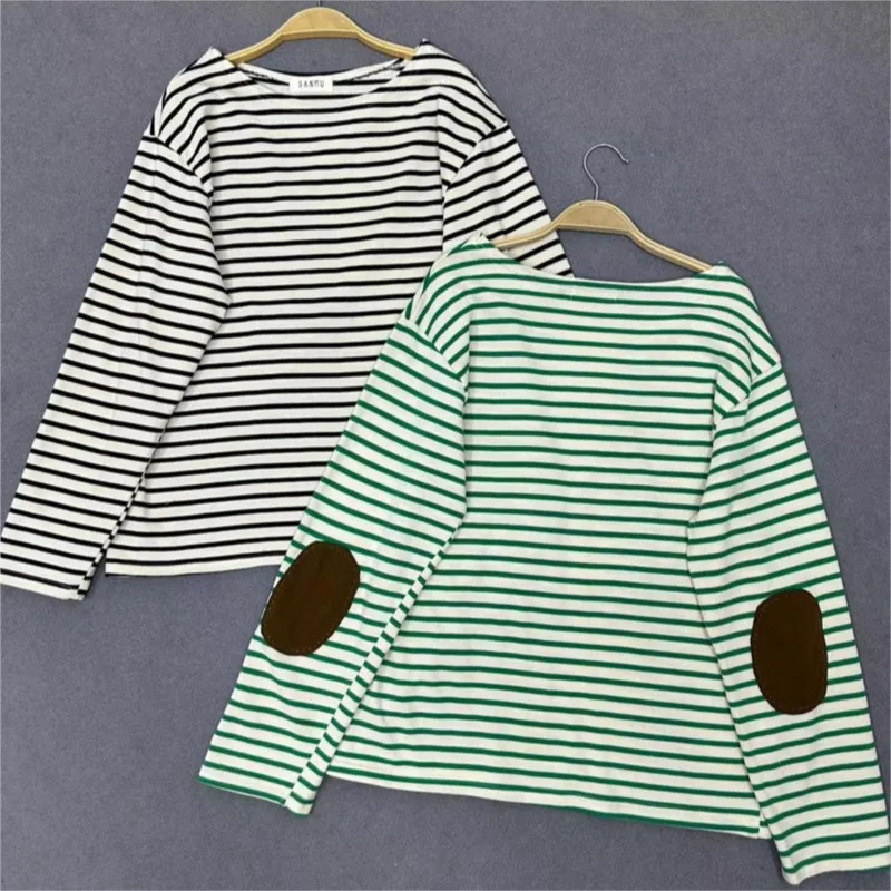 Johnature Spring Autumn Japanese Color-Blocked Stripedtops 2024 New Casual Long Sleeve Round Neck Loose T-Shirts Women