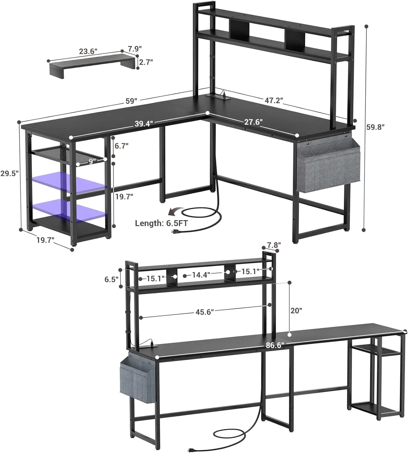 โต๊ะรูปทรง aheaplus-L พร้อมเต้าเสียบสายไฟและแถบไฟ LED คอมพิวเตอร์เข้ามุมแบบพลิกกลับได้2คนสำหรับสำนักงานบ้านการเขียนสีดำ