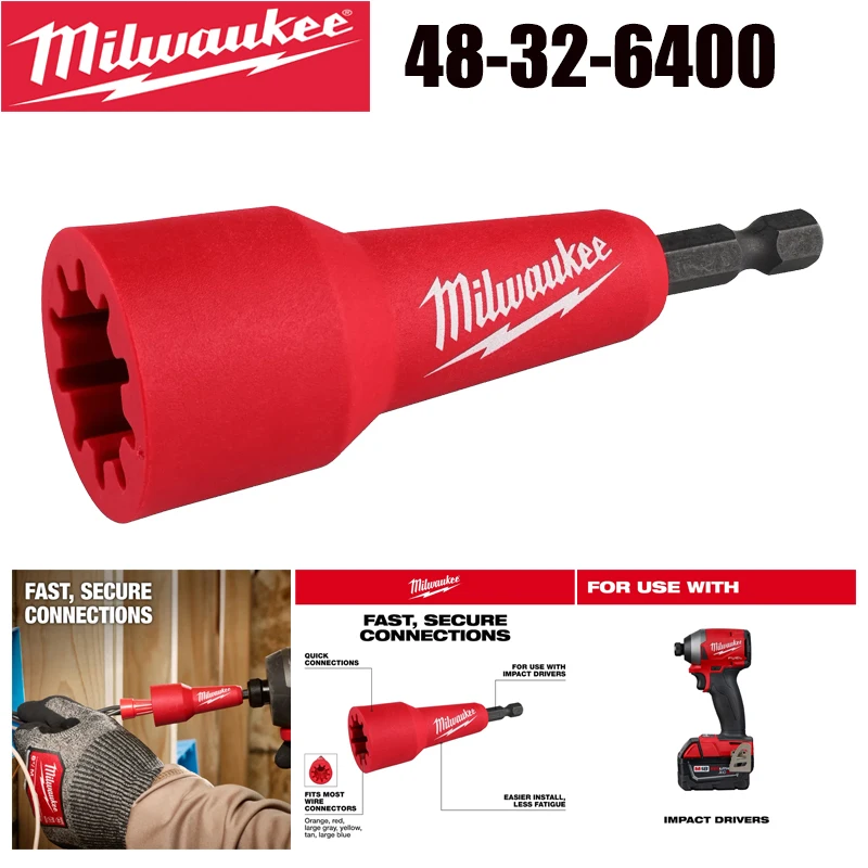 Milwaukee 48-32-6400 Quick-Twist Wire Connector Socket 1/4 Hex Shank Wire Nut Driver Bit Electrician Wire Connector Install Tool