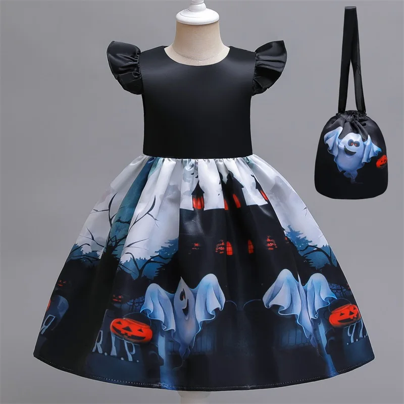 2024 Halloween Costume for Kid Witch Cospaly Clothes Ghost Dark Black Dress 4-10Y Girl Princess Costumes Children Carnival Party