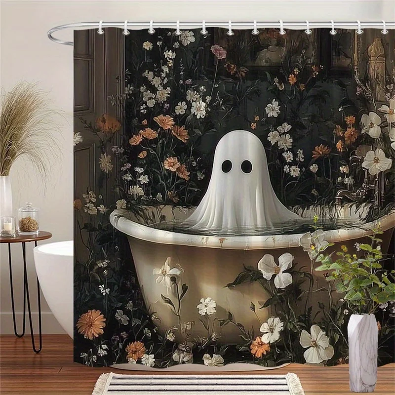 1pc a Whimsical Shower Curtain Featuring a Ghostly Figure in a Cream Bathtub, Encircled by Vibrant Blooming Flowers. This Gothic
