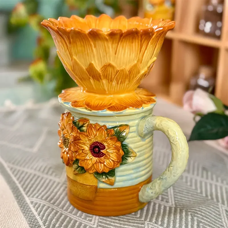 Ceramic cup sunflower creative personality trend literary oil painting style hand pour coffee filter cup