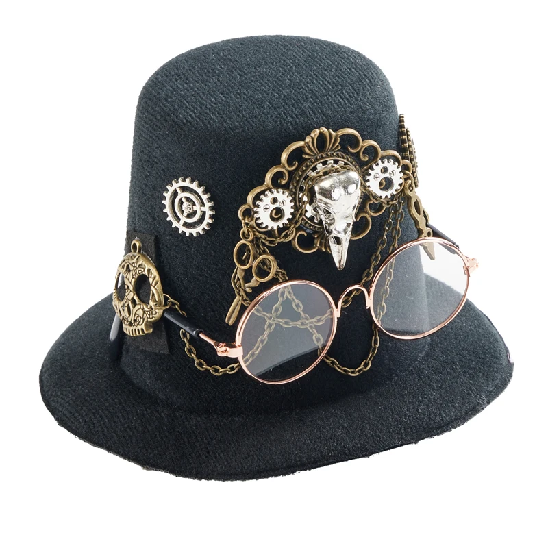 Lolita Punk Vintage Mini sombrero de copa gótico Retro gafas engranajes cadena sombreros para mascotas decoraciones sombreros