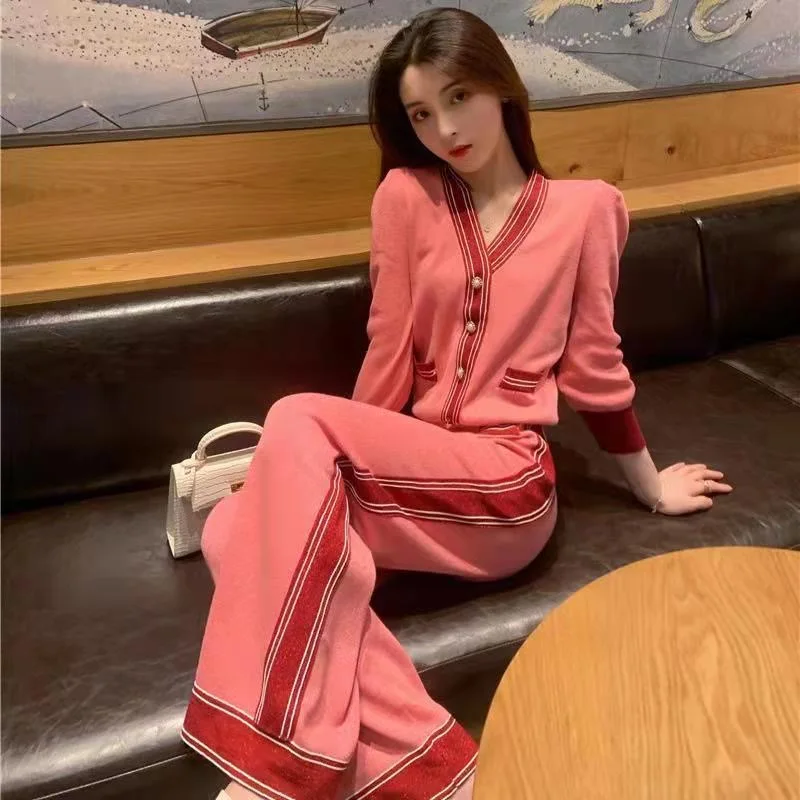 Fall Winter Elegant Knitted 2 Piece Sets V-neck Sweater Cadigan Coats Tops Ensemble Korea New Side Stripe High Wasit Pants Suits