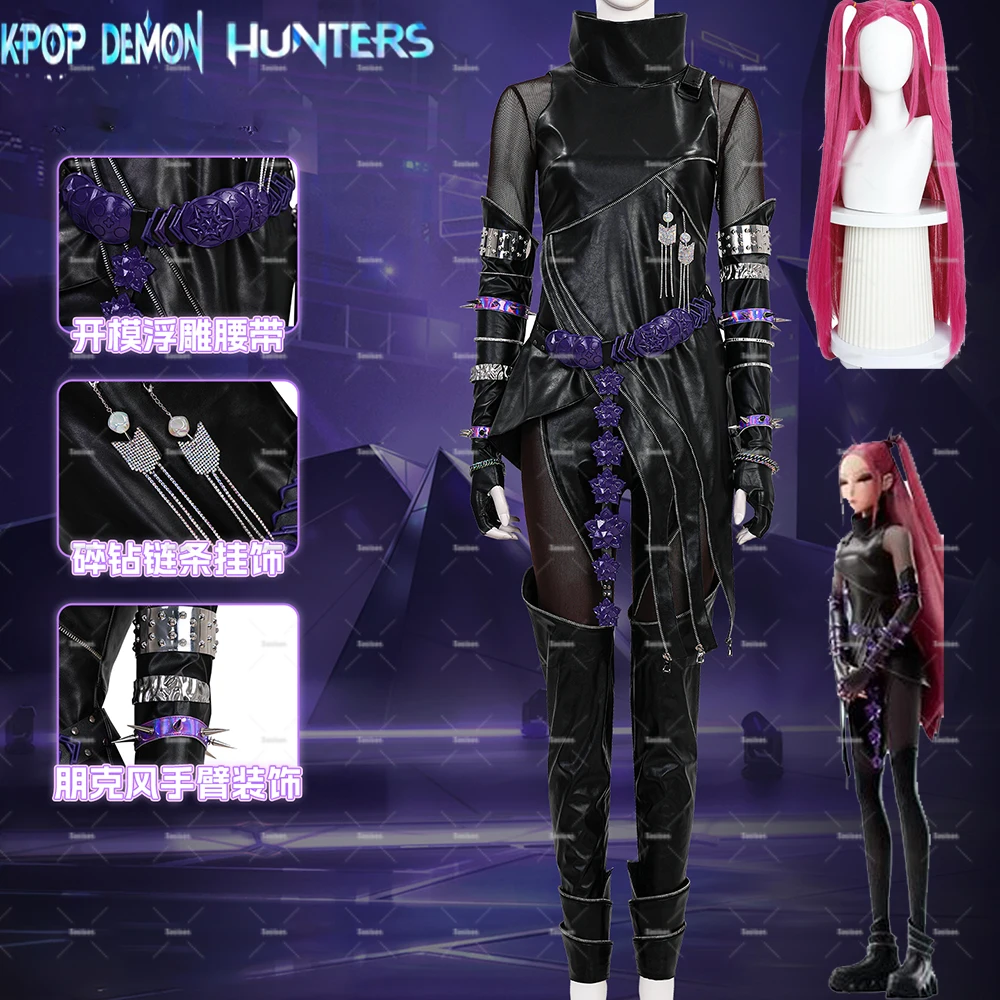 

Kpop Demon Hunter Mira Косплей Костюм Парик Черная Кожаная Куртка Костюм Красные Длинные Волосы Женщины Девушка Хэллоуин Карнавал Пурим Вечеринка