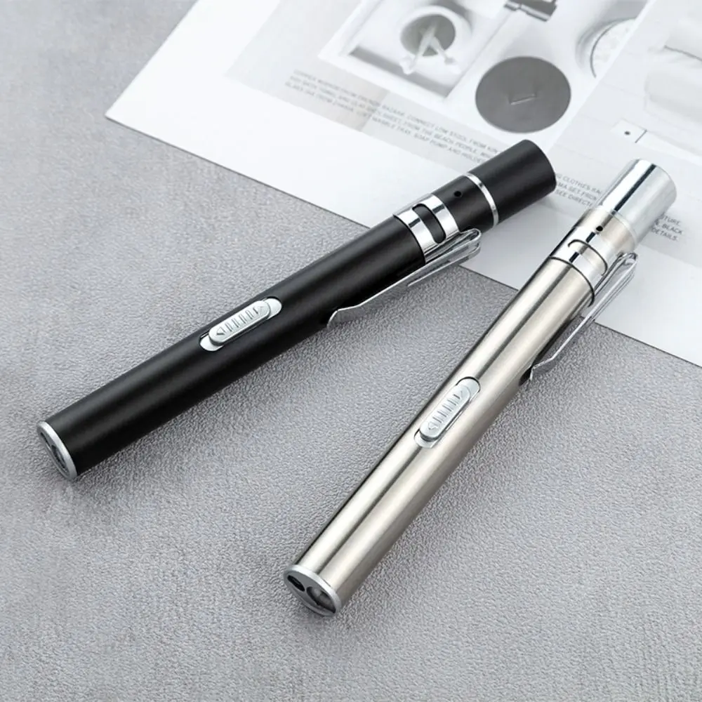 USB Recharging Nurse Flashlight Yellow/White Lights Stainless Steel Clip Dual Light Pen Light Portable Non-slip Nursing Penlight