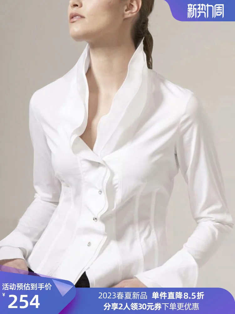 Spring 2023 New Ruffle Collar Top Design Sense Waist White Shirt Girl