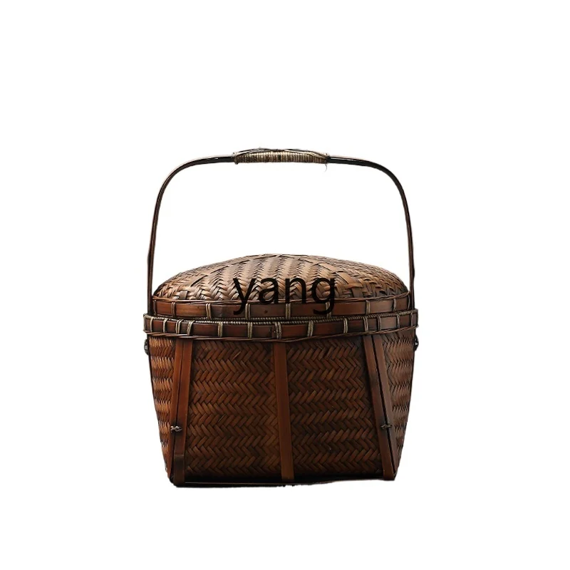 

LHH bamboo retro basket, portable tea set storage box tea basket