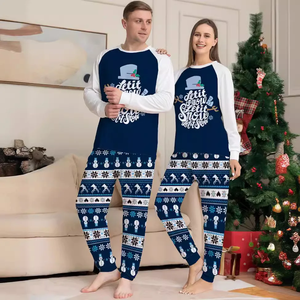 New blue cartoon letter printing family Christmas set European and American family holiday home wear pajamas