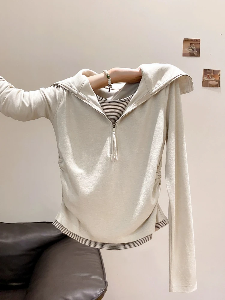 Slimming Effect Naval Collar Stripe Long Sleeve T-Shirt Women's Design Sense Waist Cinching Fake Two-Piece Top Korean Style C...