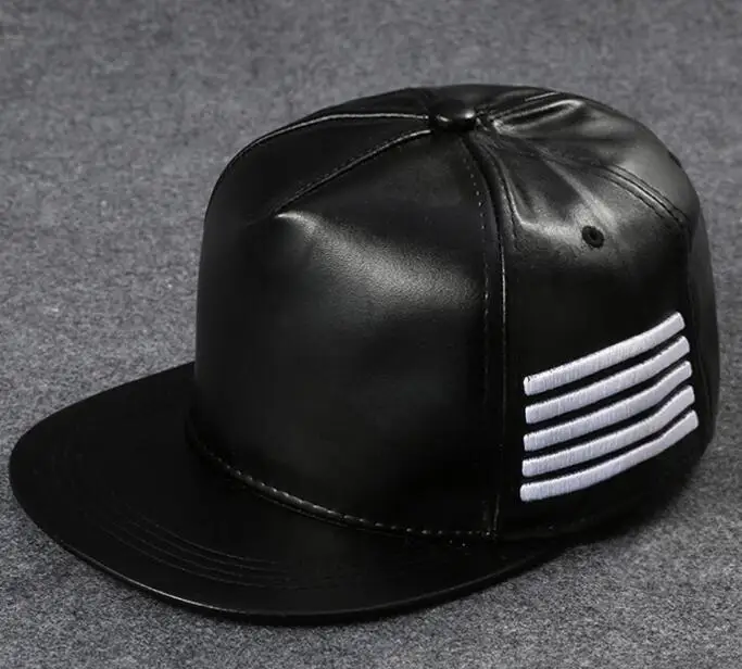 PU Leather Flat Brim Cap Spring Men Black Hat Hip Hop Baseball Dance